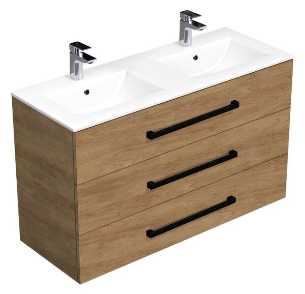 Fürdőszobaszekrény fekete fogantyúval és mosdókagylóval SAT Cube Way 120x71x46 cm tölgy Hickory szőnyeg CUBE46C1203DHMOD
