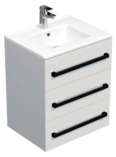 Fürdőszobaszekrény fekete fogantyúval és mosdókagylóval SAT Cube Way 60x71x46 cm fehér fényes CUBE46C603BIMOD