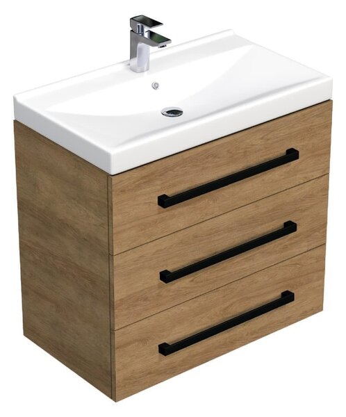 Fürdőszobaszekrény fekete fogantyúval és mosdókagylóval SAT Cube Way 80x71x46 cm tölgy Hickory matt CUBE46C803DHVER