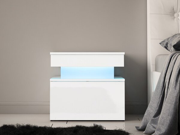 Éjjeliszekrény Lesteralo 1S (fehér + fényes fehér) (kék LED világítással)