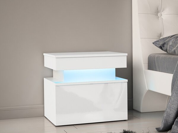Éjjeliszekrény Lesteralo 1S (fehér + fényes fehér) (kék LED világítással)