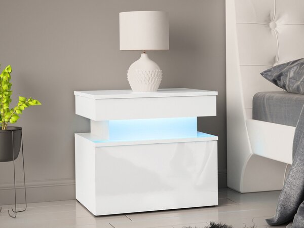 Éjjeliszekrény Lesteralo 1S (fehér + fényes fehér) (kék LED világítással)