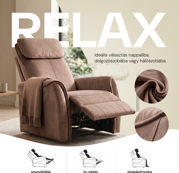 Elektromos relax fotel görgős masszázzsal barna, magyar nyelvű távirányító szövet