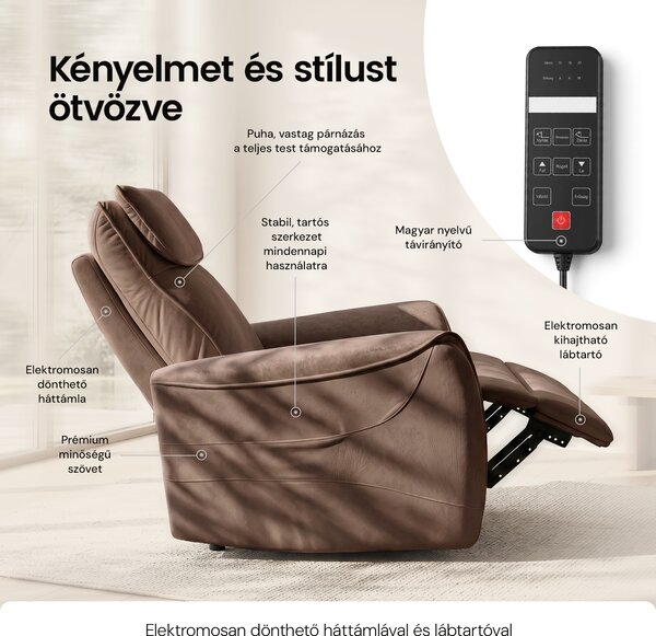 Elektromos relax fotel görgős masszázzsal barna, magyar nyelvű távirányító szövet