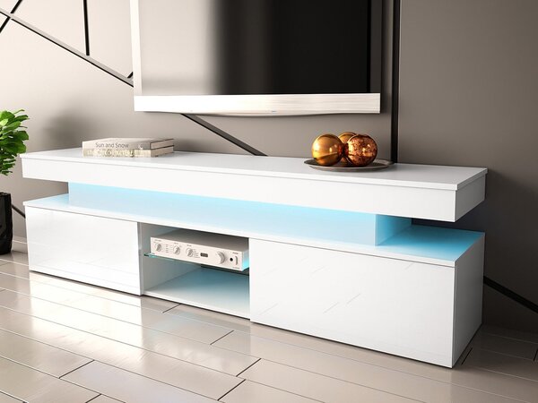 TV szekrény Lesteralo 2D 190 (fehér + fényes fehér) (kék LED világítással)