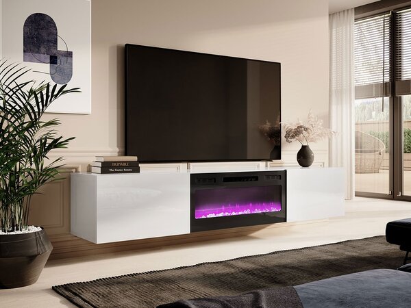 Függesztett TV szekrény kandallóval Kedy 200 (fehér + fényes fehér + fényes fekete)