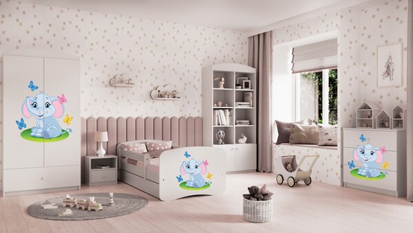 Babydreams gyerekágy elefántos dizájnnal, méret: 180x80, szín: fehér, matraccal, ágyneműtartóval