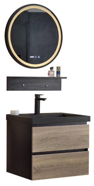 HD BlackWood 60 komplett fürdőszoba bútor fali mosdószekrénnyel, fekete mosdóval és tükörrel