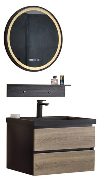 BlackWood 80 komplett fürdőszoba bútor fali mosdószekrénnyel, fekete mosdóval és tükörrel