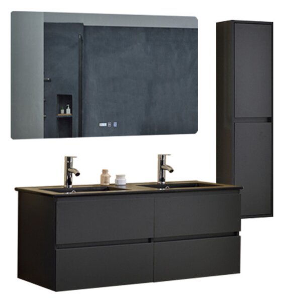 HD Hongkong Duo Antracit 120 komplett fürdőszoba bútor szett fali mosdószekrénnyel, dupla fekete slim mosdóval, tükörrel és magas szekrénnyel