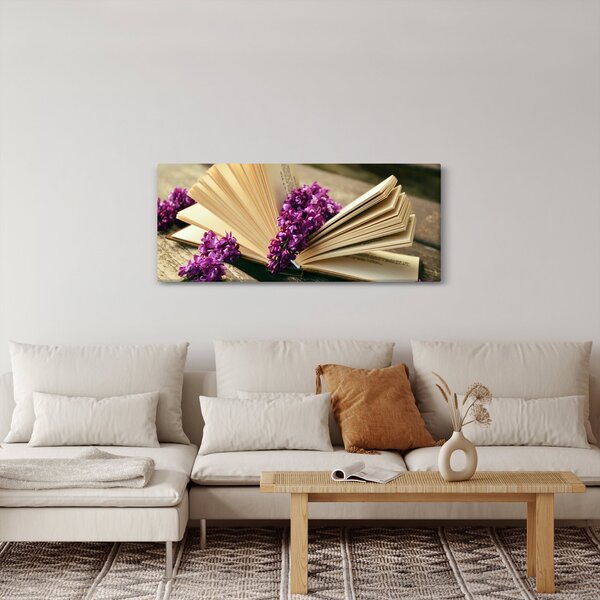 Kép egy könyvröl és a lila virágok (120x50 cm)