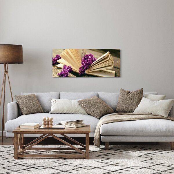Kép egy könyvröl és a lila virágok (120x50 cm)