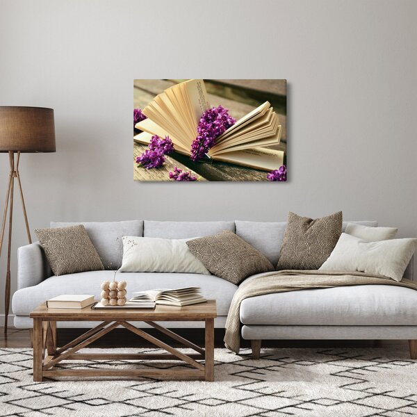 Kép egy könyvröl és a lila virágok (90x60 cm)