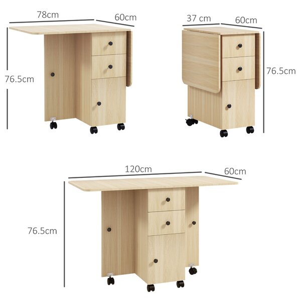 HOMCOM Összecsukható asztal 2 fiókkal és szekrénnyel, 6 kerékkel és fékkel, 120x60x76,5 cm, natúr fa