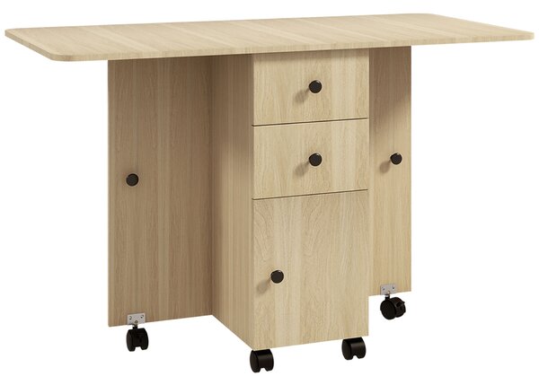 HOMCOM Összecsukható asztal 2 fiókkal és szekrénnyel, 6 kerékkel és fékkel, 120x60x76,5 cm, natúr fa