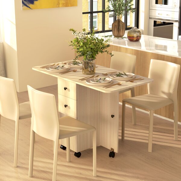 HOMCOM Összecsukható asztal 2 fiókkal és szekrénnyel, 6 kerékkel és fékkel, 120x60x76,5 cm, natúr fa