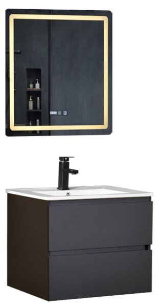 HongKong Antracit 60 komplett fürdőszoba bútor fali mosdószekrénnyel, kerámia mosdóval és tükörrel