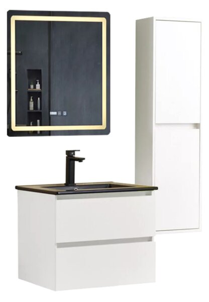 HD HongKong White 60 komplett fürdőszoba bútor szett fali mosdószekrénnyel, fekete slim mosdóval, tükörrel és magas szekrénnyel