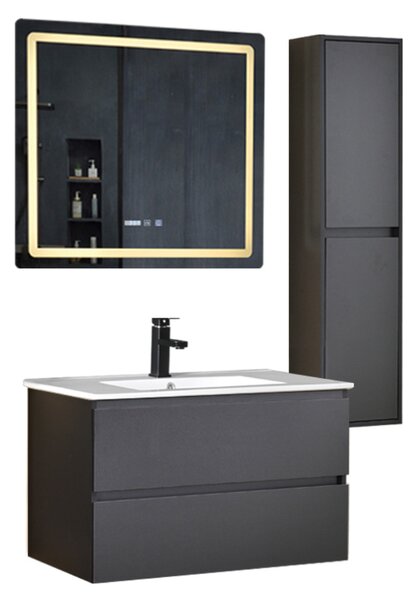 HongKong Antracit 80 komplett fürdőszoba bútor szett fali mosdószekrénnyel, kerámia mosdóval, tükörrel és magas szekrénnyel
