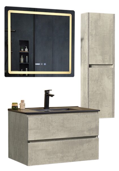 HD HongKong Loft Beton 80 komplett fürdőszoba bútor szett fali mosdószekrénnyel, fekete slim mosdóval, tükörrel és magas szekrénnyel