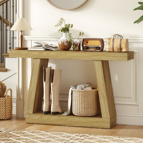 HOMCOM Konzolasztal 140 cm, Retro Kanapé Tárolóhellyel, Tölgyfa