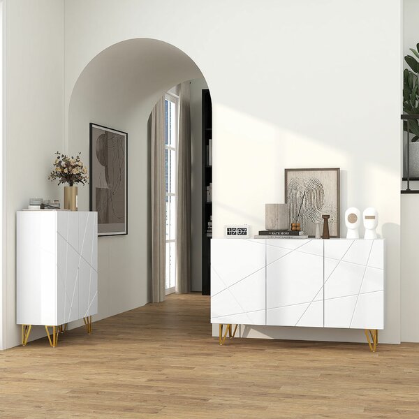 HOMCOM Tárolószekrény 2 Fiókos és Állítható Polccal, Forgácslapból és Fémből, 120 x 40 x 75 cm, Fehér és Arany