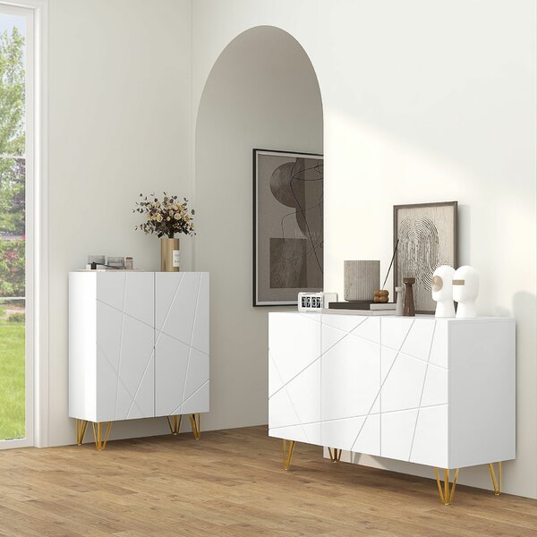 HOMCOM Tárolószekrény 2 Fiókos és Állítható Polccal, Forgácslapból és Fémből, 120 x 40 x 75 cm, Fehér és Arany