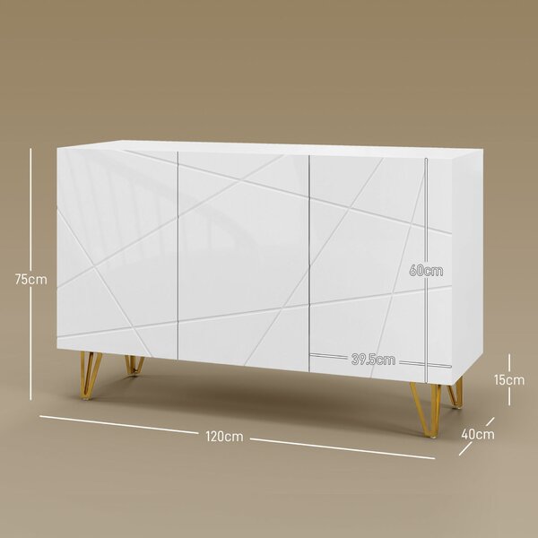 HOMCOM Tárolószekrény 2 Fiókos és Állítható Polccal, Forgácslapból és Fémből, 120 x 40 x 75 cm, Fehér és Arany