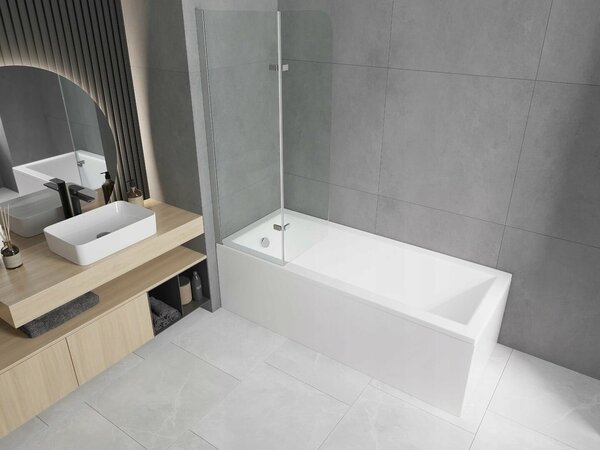 Mexen Cubik téglalap alakú kád 150 x 70 cm burkolattal és 2 szárnyú 80 cm-es paravánnal, átlátszó, króm