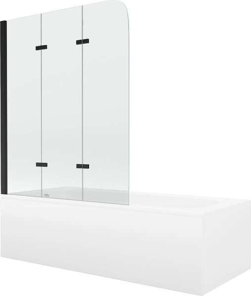 Mexen Vega téglalap alakú fürdőkád 160 x 70 cm burkolattal és háromszárnyú paravánnal 120 cm, átlátszó, fekete