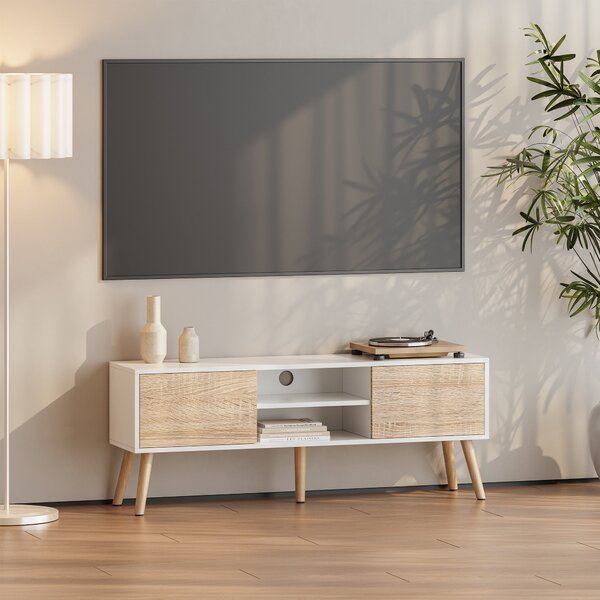 En.casa TV-állvány Eskilstuna 120x29,5x46,5 cm forgácslap tömör fa lábakkal Fehér/Tölgy