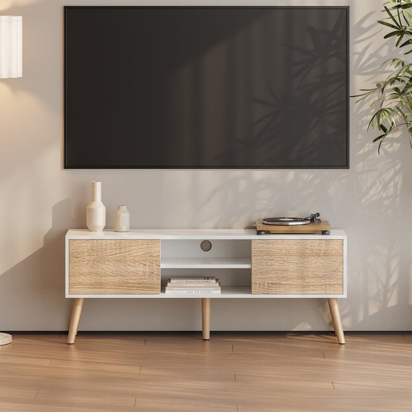 En.casa TV-állvány Eskilstuna 120x29,5x46,5 cm forgácslap tömör fa lábakkal Fehér/Tölgy