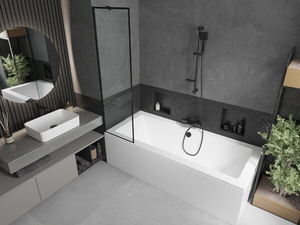 Mexen Cube téglalap alakú kád 180 x 80 cm burkolattal és 1 ajtós 50 cm-es zuhanyfallal, fekete mintás
