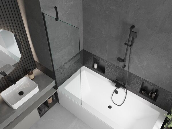 Mexen Cube téglalap alakú fürdőkád 170 x 80 cm burkolattal és 1-szárnyú paravánnal 60 cm, átlátszó, fekete