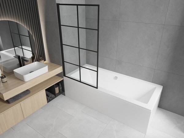 Mexen Cube téglalap alakú kád 170 x 80 cm burkolattal és egyszárnyú válaszfallal 70 cm, fekete minta fix