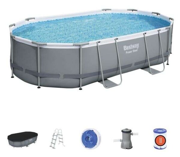 Bestway Sanremo ovális Fémvázas medence vízforgatóval, ChemConnect adagolóval, létrával és medence takaróval 488x305x107cm (FFA687)