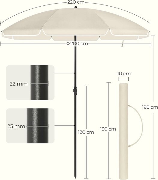 SONGMICS terasz kerti vagy napernyő, dönthető, huzat, átmérő 200cm, bézs
