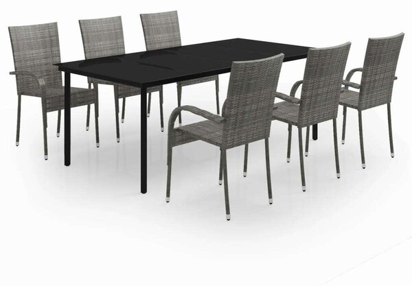 Rattan-Acél Kerti Étkezőgarnitúra - 7 részes - Fekete-Szürke