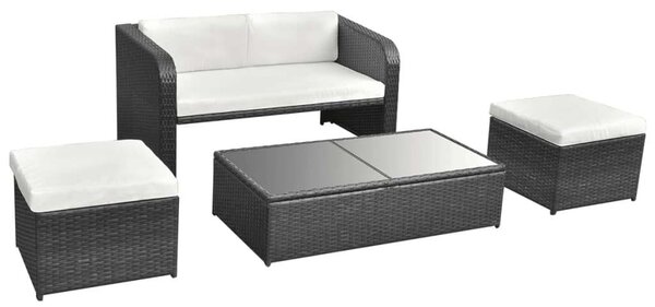4-részes fekete polyrattan kerti bútorszett párnákkal