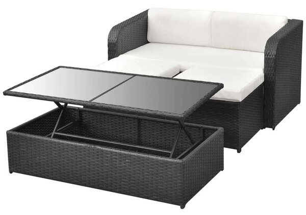 4-részes fekete polyrattan kerti bútorszett párnákkal