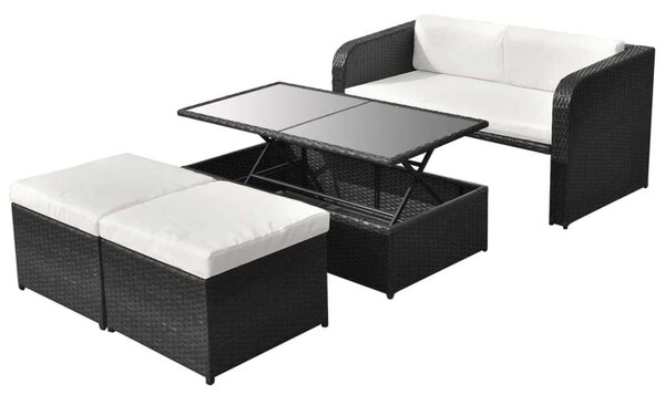 4-részes fekete polyrattan kerti bútorszett párnákkal