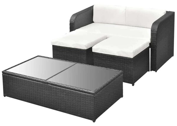 4-részes fekete polyrattan kerti bútorszett párnákkal