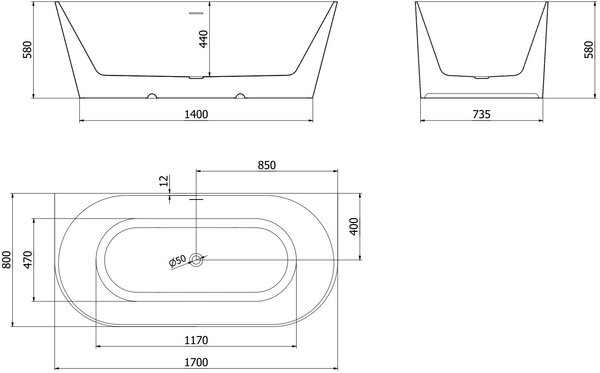 Mexen Oval Slim szabadon álló fali kád 170 x 80 cm, fehér, fehér túlfolyó - 52661708000-20