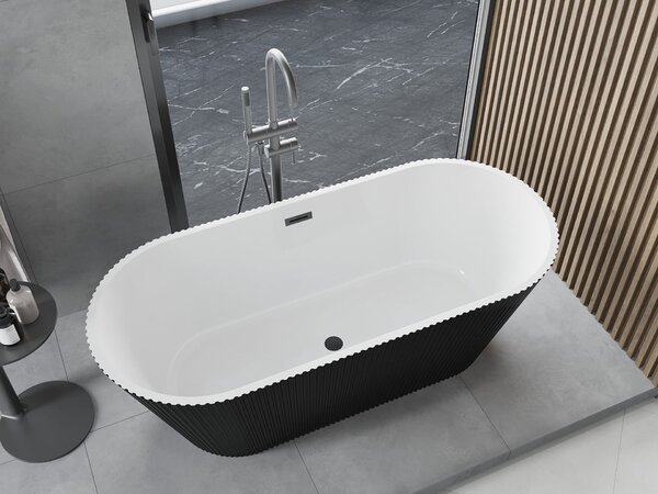 Mexen Yara szabadon álló bordázott kád 170 x 75 cm, fehér/fekete, túlfolyó gun metal - 52861707575-95