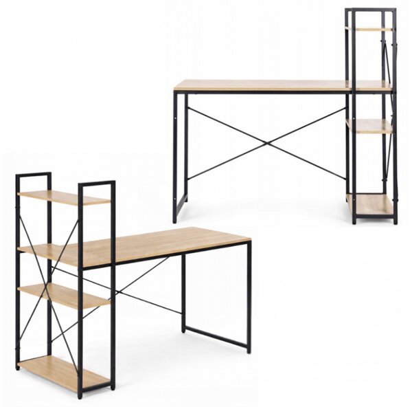 Íróasztal polccal LOFTY 120x60 cm, fekete / tölgy dekoráció