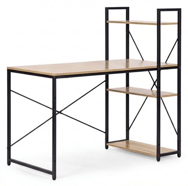 Íróasztal polccal LOFTY 120x60 cm, fekete / tölgy dekoráció