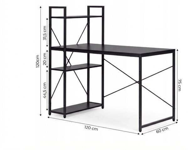 Íróasztal polccal LOFTY 120x60 cm, fekete