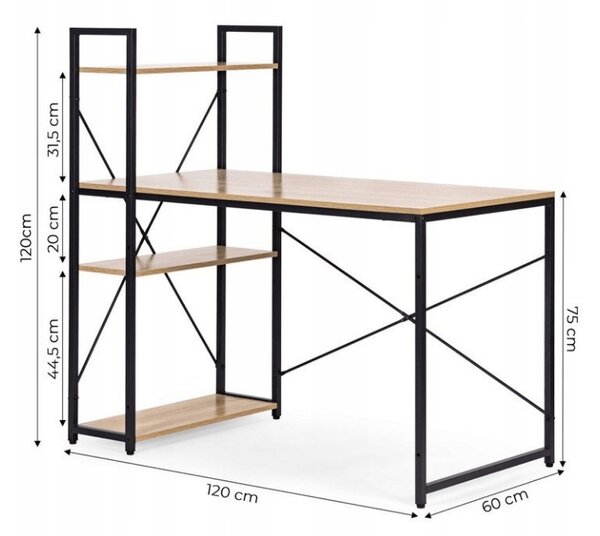 Íróasztal polccal LOFTY 120x60 cm, fekete / tölgy dekoráció