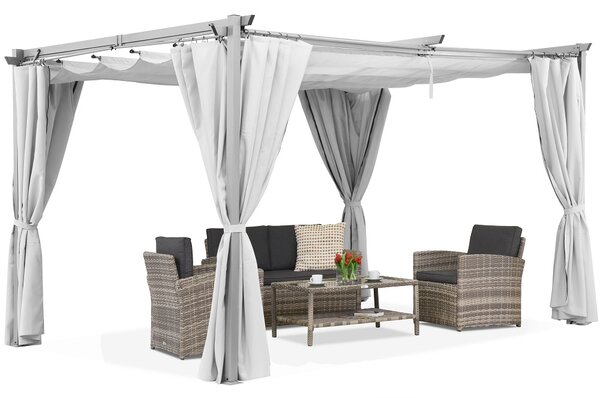 Fehér La Palma 3x3m-es terasz pergola Garden Point függönyökkel