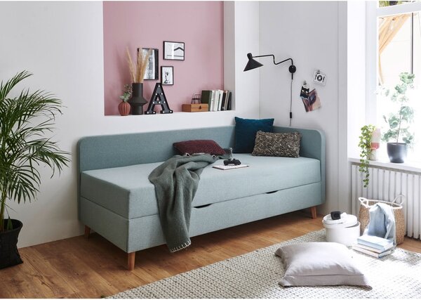 Világoskék kárpitozott egyszemélyes ágy tárolóhellyel 90x200 cm Cabana – Meise Möbel